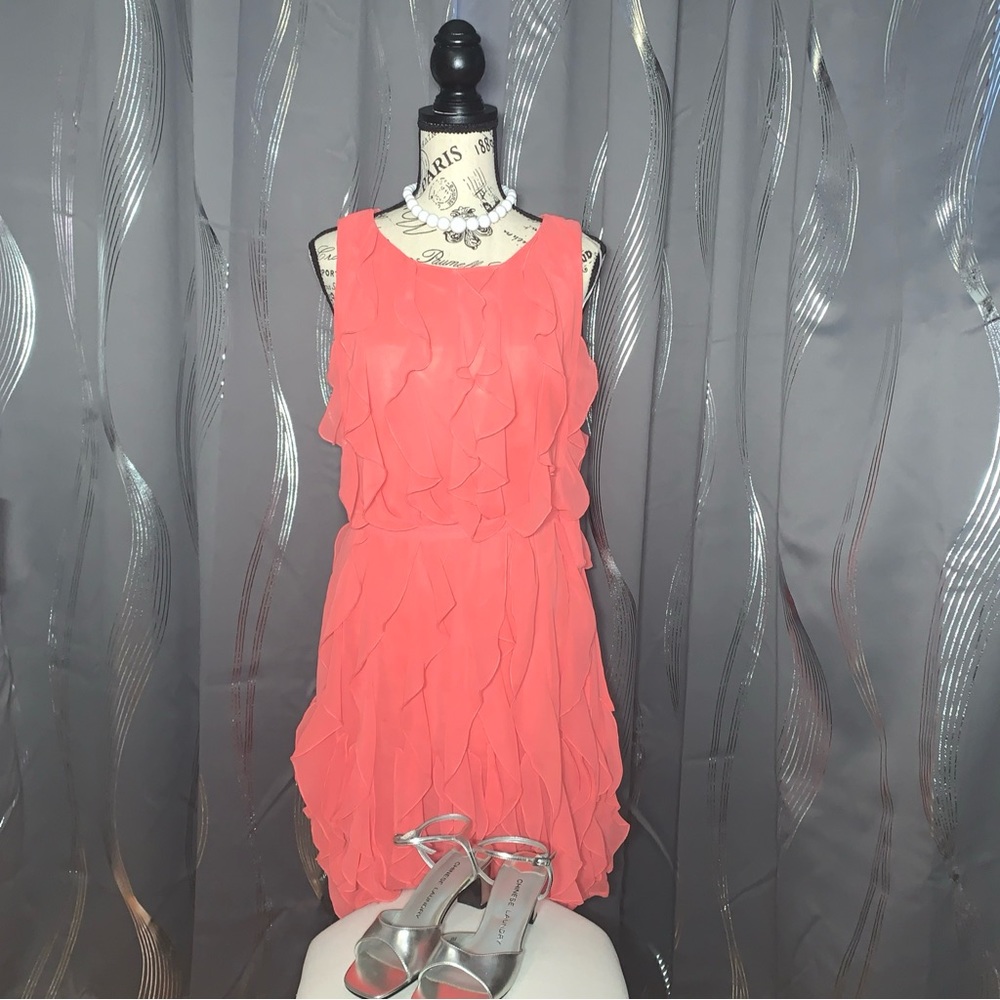 Calvin Klein Chiffon Dress Size 8 Salmon Pink Ruffles Tank Top With Tie Waist
